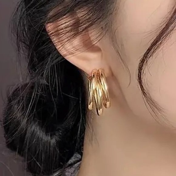 Earrings Triple Hoop Gold Glam Classy Stylish Minimalist Trendy Simple Sexy New - Picture 3 of 7